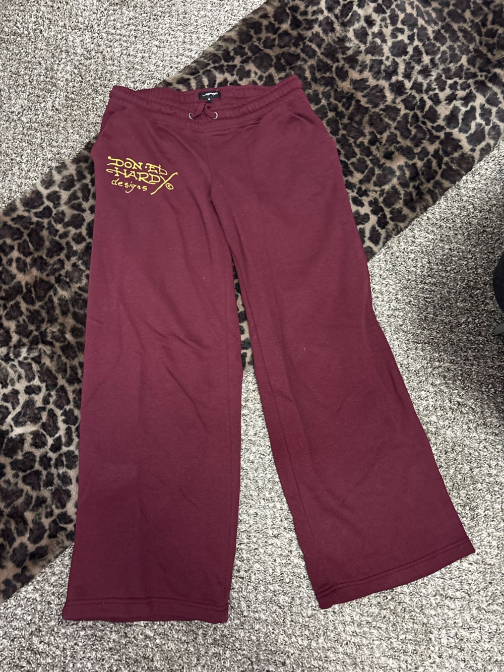 Ed Hardy Maroon Track Pants with Yellow Script & Skull Graphic - Picture 2 of 3